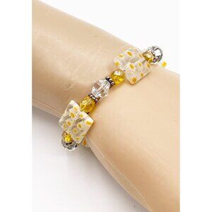Handmade Millefiori Glass Bead Bracelet Yellow Daisy Boho Floral Toggle Clasp